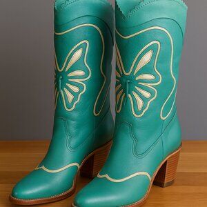Attitude Without Limits Turquoise Butterfly Western Boots Size 7.5